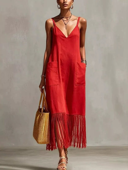 Hazel Blues® | Fringe V-Neck Spaghetti Strap Dress