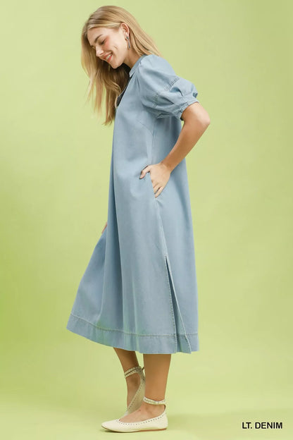 Hazel Blues® |  Umgee Chambray Collared Puff Sleeve Dress