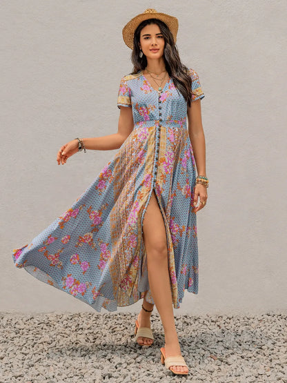 Hazel Blues® |  Smocked Floral V-Neck Short Sleeve Midi Dress