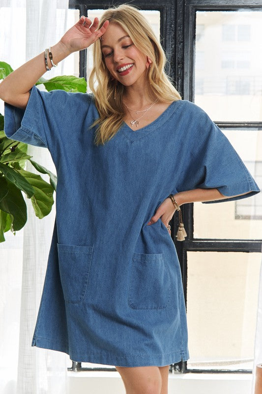 Hazel Blues® |  ADORA V-Neck Half Sleeve Mini Denim Dress