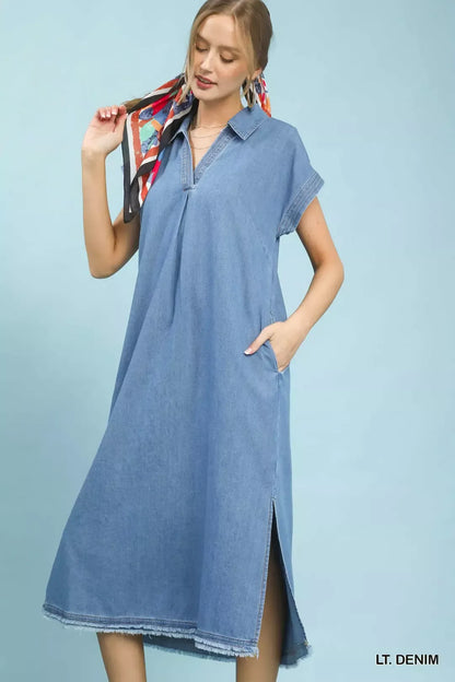 Hazel Blues® |  Umgee Stone Washed Collared Denim Midi Dress