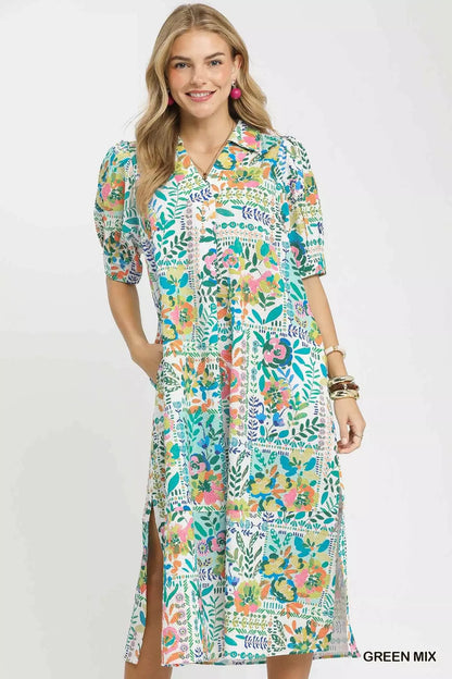Hazel Blues® |  Umgee Folk Print Midi Dress with Side Pockets