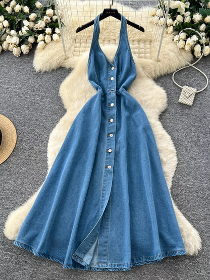 Hazel Blues® |  Halter Neck Button-Down Denim Dress