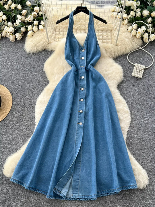 Hazel Blues® |  Halter Neck Button-Down Denim Dress