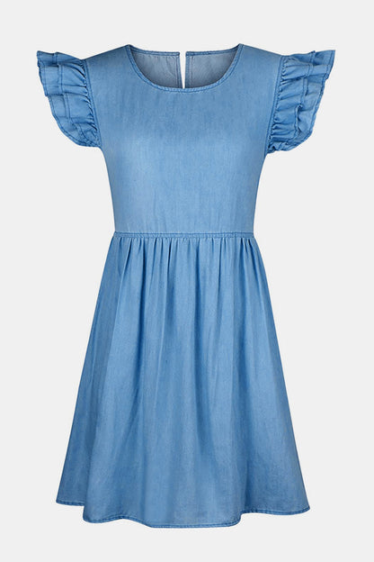 Hazel Blues® |  Ruffled Round Neck Cap Sleeve Denim Dress