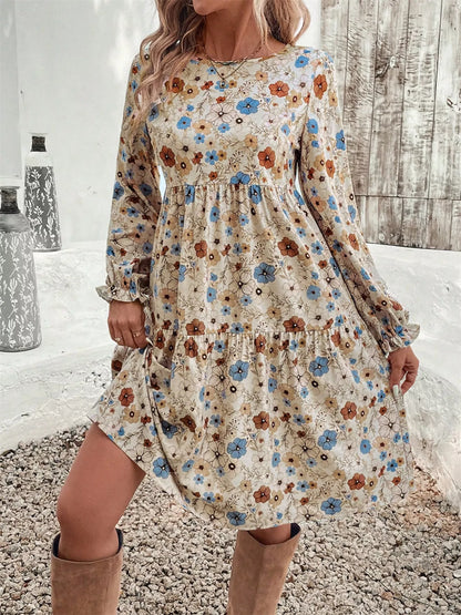 Hazel Blues® |  Floral Print Ruffle Hem Long Sleeve Casual Dress