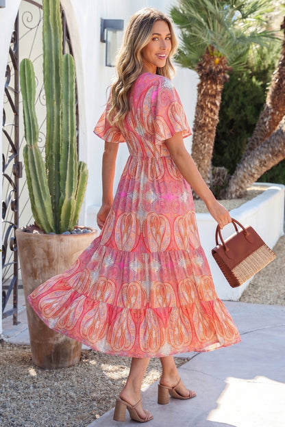 Hazel Blues® |  Multicolour Paisley Print V-Neck Short Sleeve Boho Maxi Dress with Ruffle Details