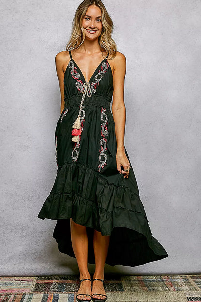 Hazel Blues® |  POL Embroidered Detail Tassel Tie Smocked Waist Midi Tiered Cami Dress