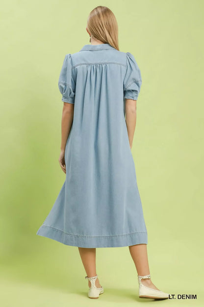 Hazel Blues® |  Umgee Chambray Collared Puff Sleeve Dress
