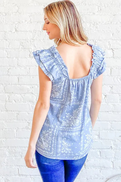 Hazel Blues® |  And The Why Boho Print Rayon Linen Ruffle Baby Doll Tank Top