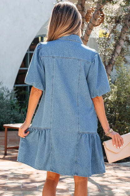 Hazel Blues® |  Button Down Short Puff Sleeve Ruffle Hem Denim Dress