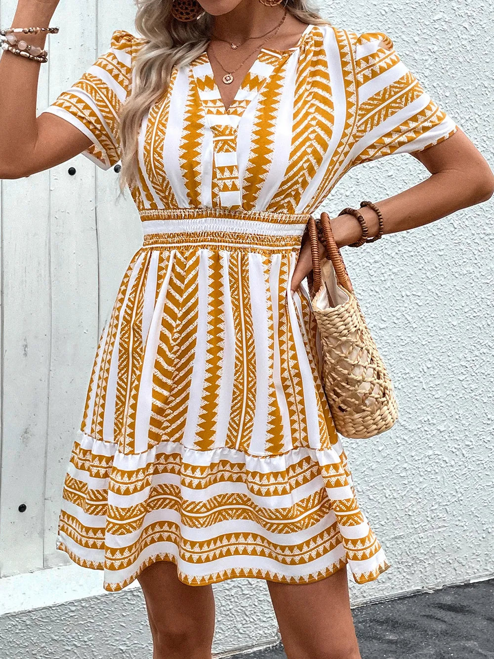 Hazel Blues® |  Perfee Geometric Notched Short Sleeve Mini Dress