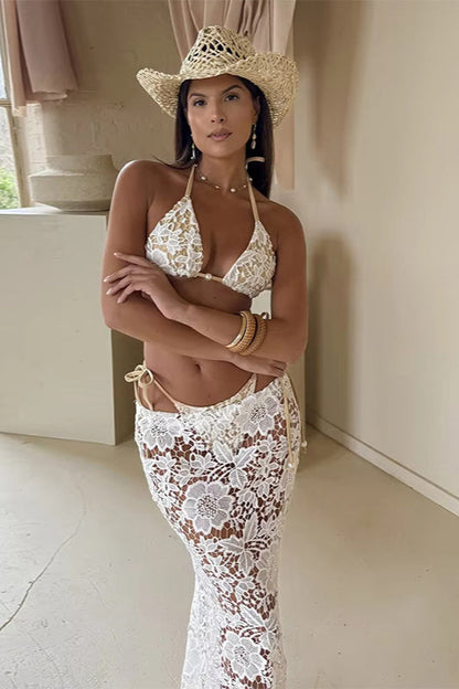 Lace Halter Three Piece Swim Set