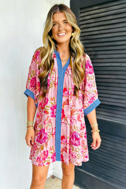 Hazel Blues® |  Multicolour Floral Striped Patchwork Trim Half Sleeve Mini Dress