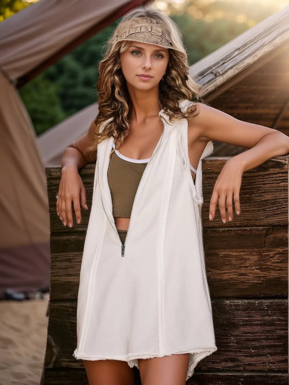 Hazel Blues® |  Half Zipped Hooded Sleeveless Romper