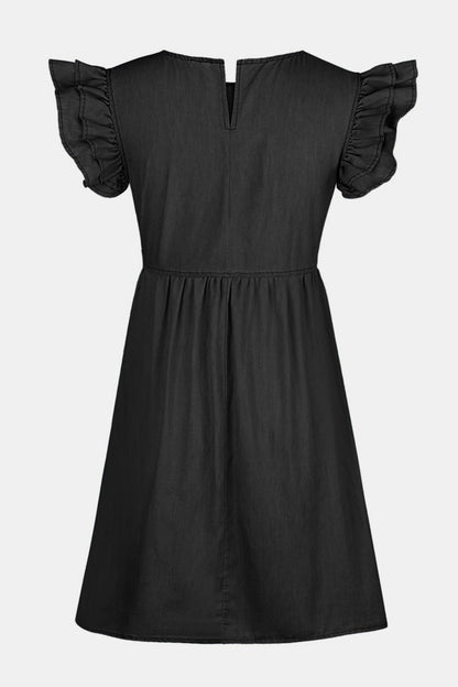 Hazel Blues® |  Ruffled Round Neck Cap Sleeve Denim Dress