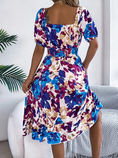 Hazel Blues® |  Ruffled Hem Smocked Floral Short Sleeve Midi Dress