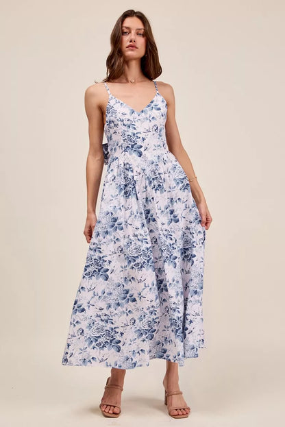 Hazel Blues® |  SO ME Floral Woven V Neck Dress With Back Ribbon Tie