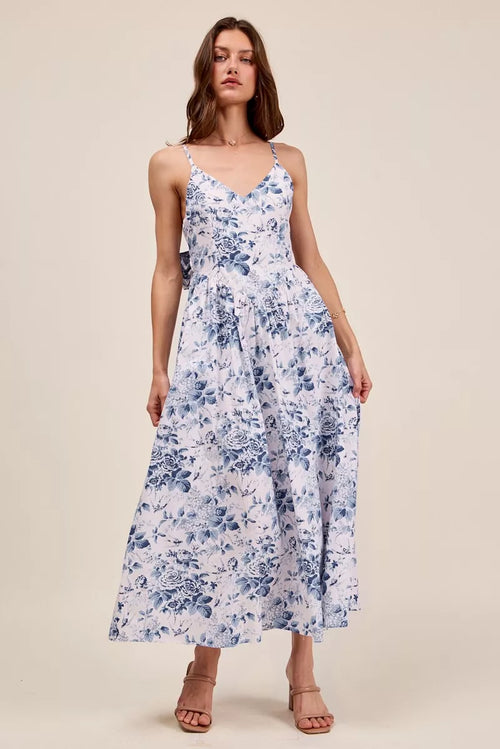 Hazel Blues® |  SO ME Floral Woven V Neck Dress With Back Ribbon Tie