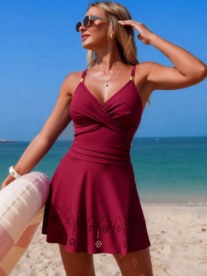 Hazel Blues® |  Crossover Ruched One-Piece Swim Dress