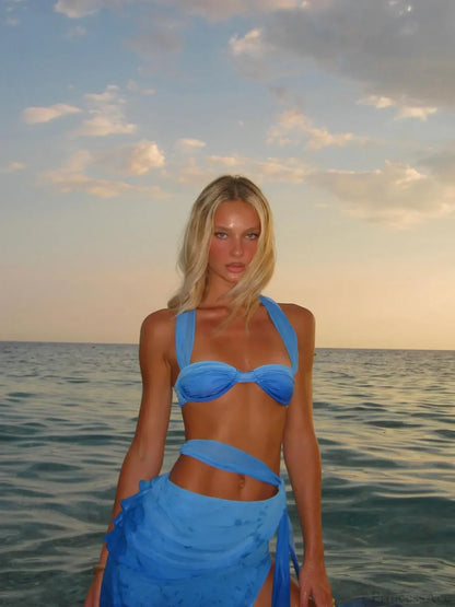 Blue Bikini with Skirt Three Piece Swimsuit