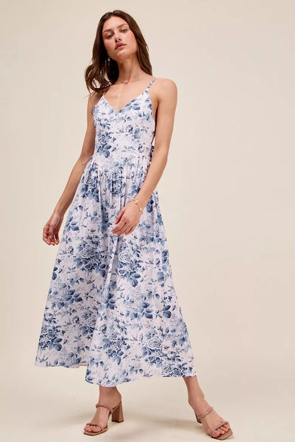 Hazel Blues® |  SO ME Floral Woven V Neck Dress With Back Ribbon Tie