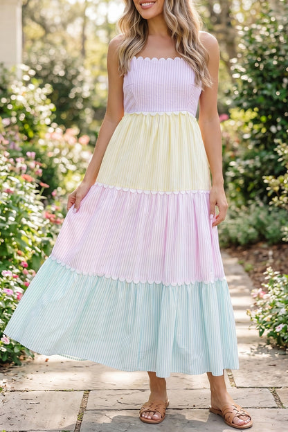 Hazel Blues® |  Multicolour Striped Colorblock Adjustable Strap Scalloped Detail Long Dress