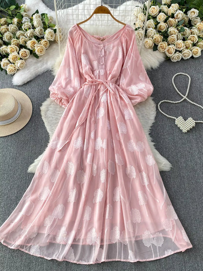 Hazel Blues® |  Button Front Puff Sleeve Chiffon Dress
