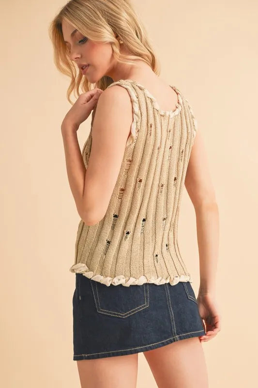 Hazel Blues® |  Aemi+Co Distressed Detail Round Neck Knit Tank