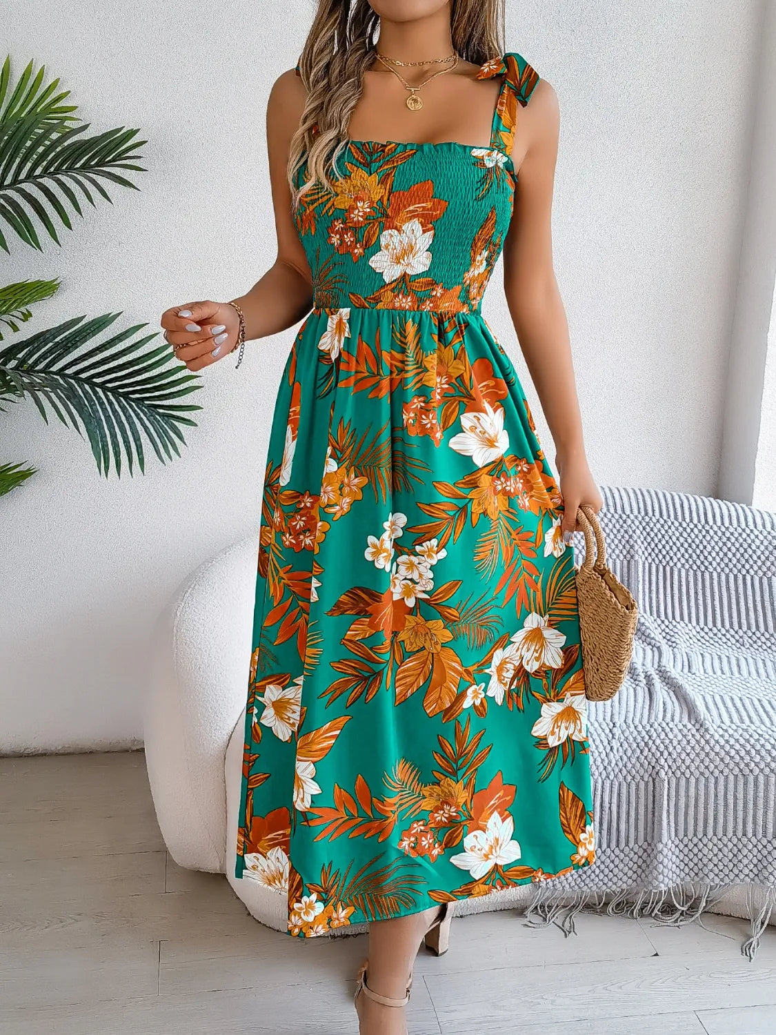 Hazel Blues® |  Smocked Floral Tie Shoulder Midi Dress