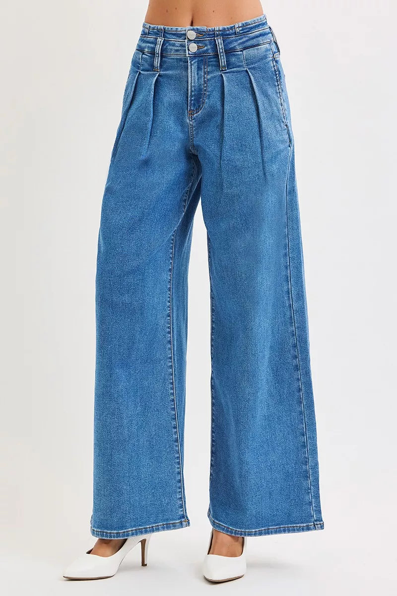 Hazel Blues® | RISEN Mid Rise Fit Wide Leg with Pleated Detail Jeans