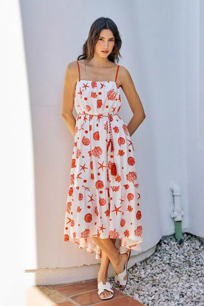 Hazel Blues® |  SO ME Shell Print Tiered Lined Midi Cami Dress With Belt