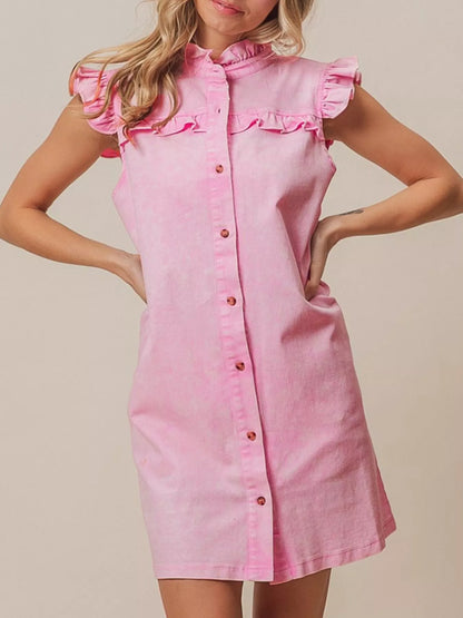 Hazel Blues® |  Ruffled Trim Button-Down Denim Dress