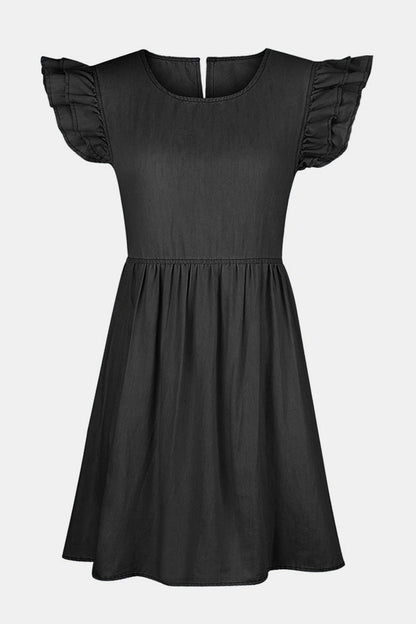 Hazel Blues® |  Ruffled Round Neck Cap Sleeve Denim Dress