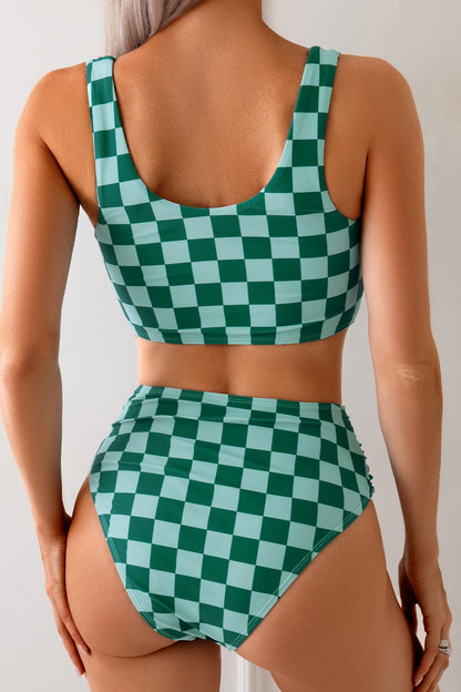 Plaid Print Colorblock Two Piece Swim Set