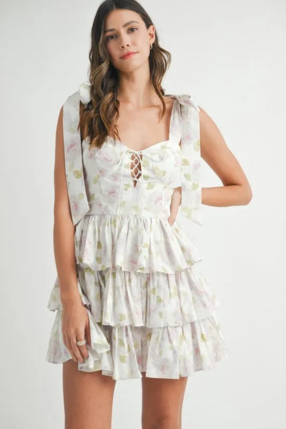 Hazel Blues® |  MABLE Floral Print Shoulder Tie Layered Mini Dress