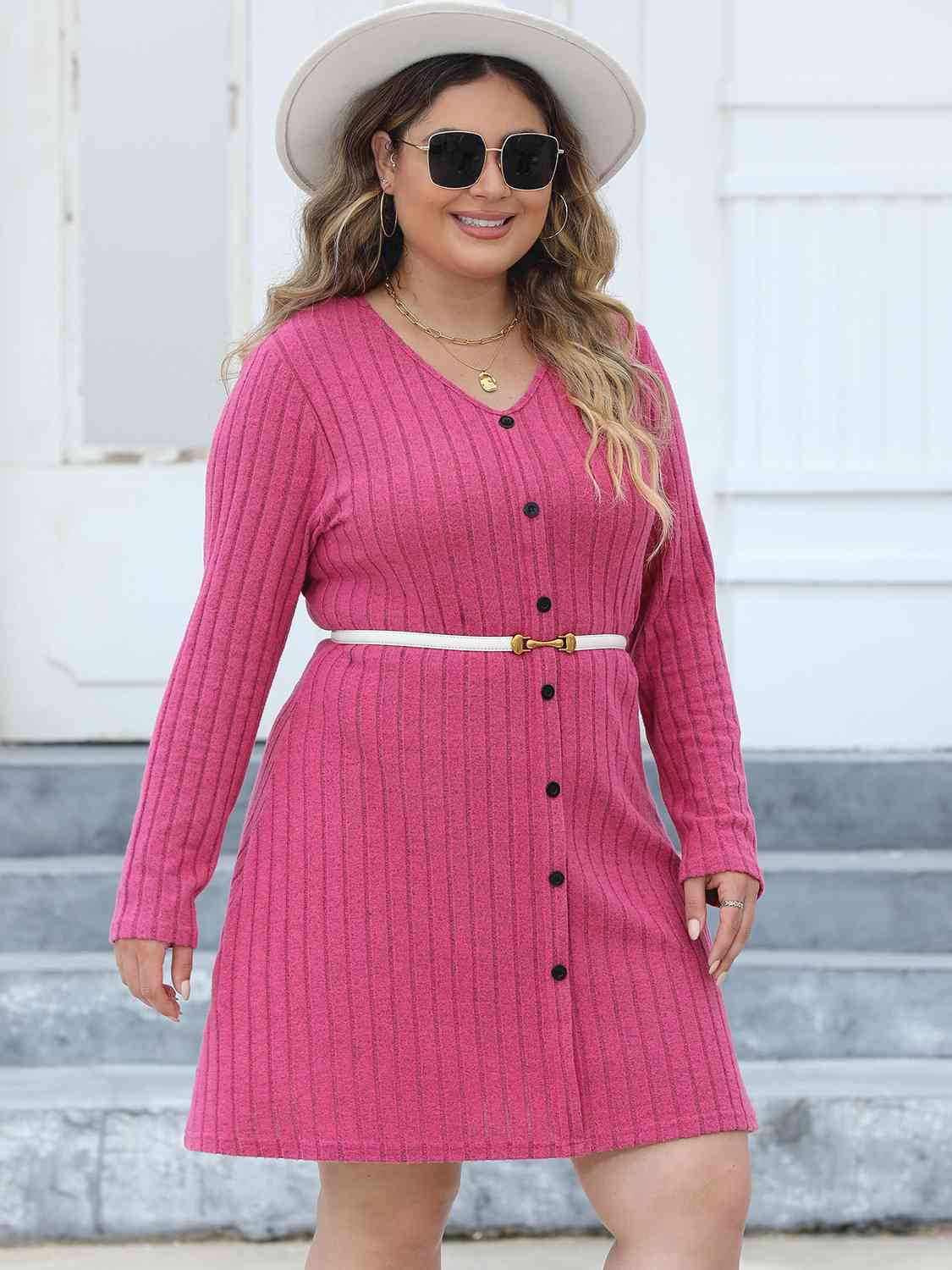 Hazel Blues® | Ribbed Buttoned V-Neck Long Sleeve Dress