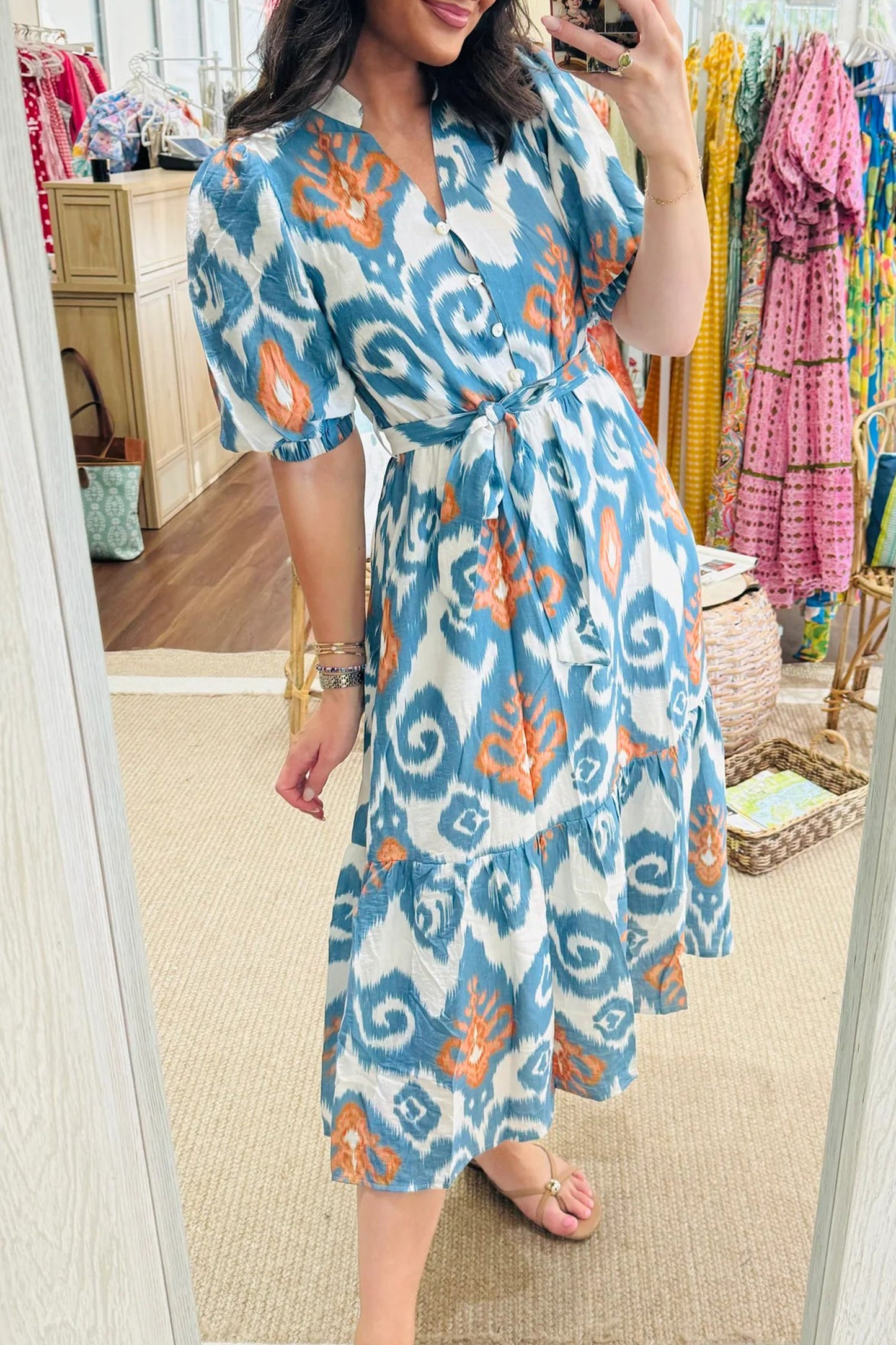 Hazel Blues® |  Sky Blue Boho Floral Print Short Puff Sleeve Button Down Ruffle Hem Midi Dress