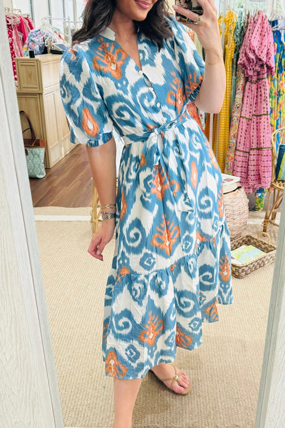 Hazel Blues® |  Sky Blue Boho Floral Print Short Puff Sleeve Button Down Ruffle Hem Midi Dress