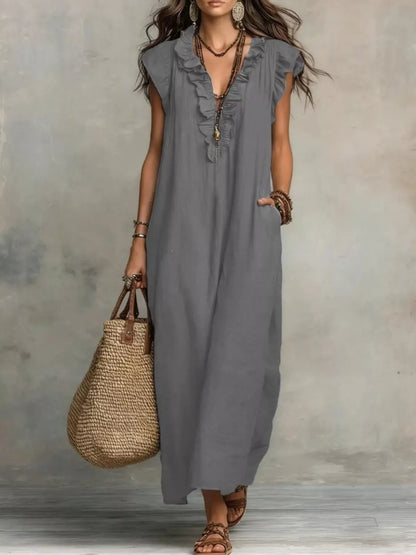 Hazel Blues® | Ruffled V-Neck Cap Sleeve Maxi Dress