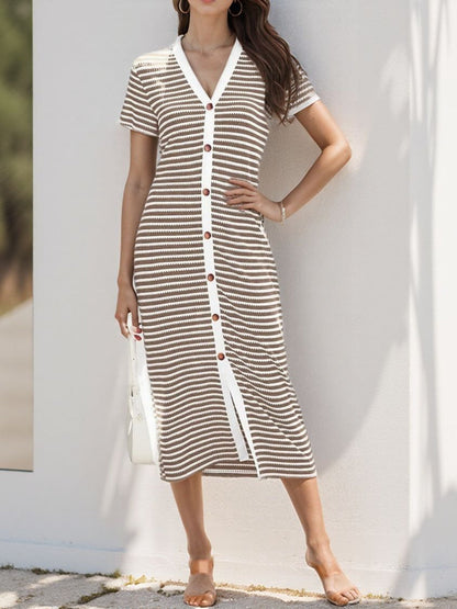 Hazel Blues® |  Contrast Striped V-Neck Short Sleeve Midi Dress