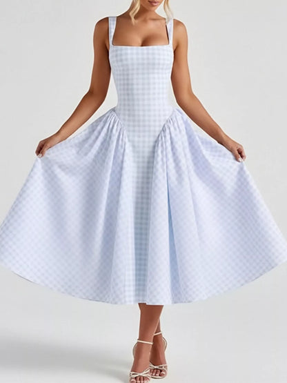Hazel Blues® | Plaid Square Neckline Midi Dress