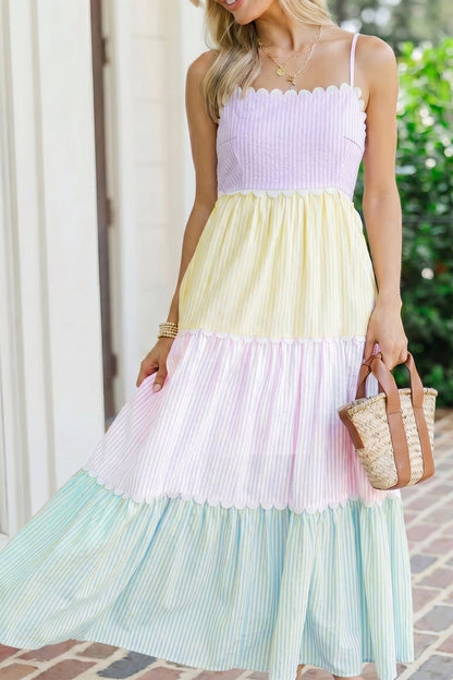 Hazel Blues® |  Multicolour Striped Colorblock Adjustable Strap Scalloped Detail Long Dress