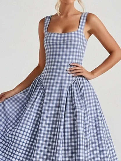 Hazel Blues® | Plaid Square Neckline Midi Dress