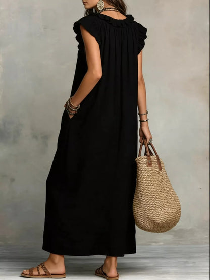 Hazel Blues® | Ruffled V-Neck Cap Sleeve Maxi Dress