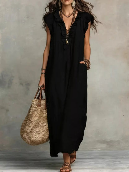 Hazel Blues® | Ruffled V-Neck Cap Sleeve Maxi Dress