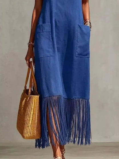 Hazel Blues® | Fringe V-Neck Spaghetti Strap Dress