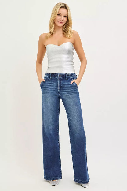 Hazel Blues® |  RISEN High Rise Wide Leg Slanted Pocket Jeans