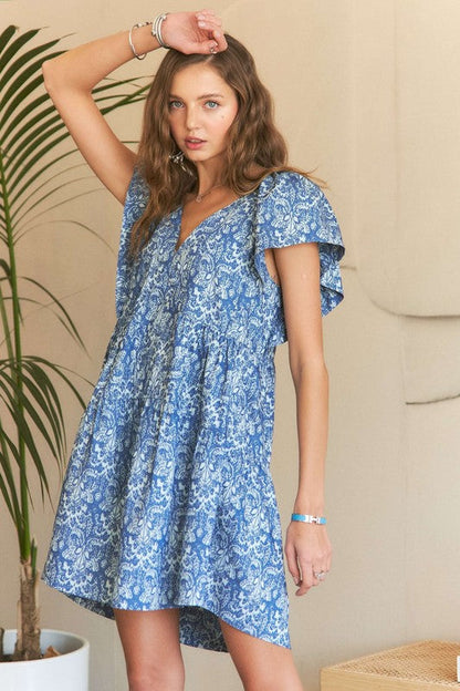 Hazel Blues® |  ADORA Printed V-Neck Ruffle Sleeve Mini Dress