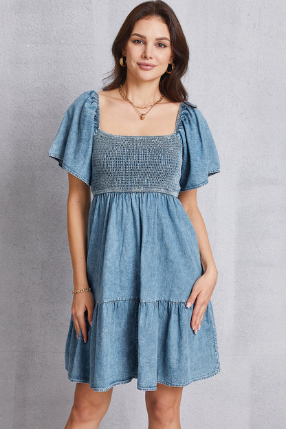 Hazel Blues® |  Smocked Square Neck Mini Denim Dress